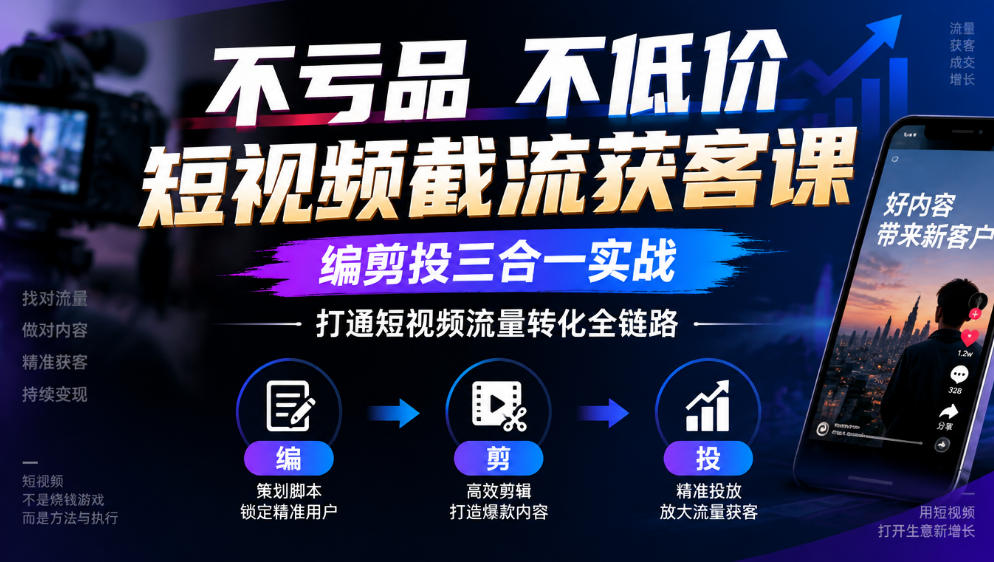 不亏品不低价短视频截流获客课,编剪投三合一实战,打通短视频流量转化全链路-网赚副业网