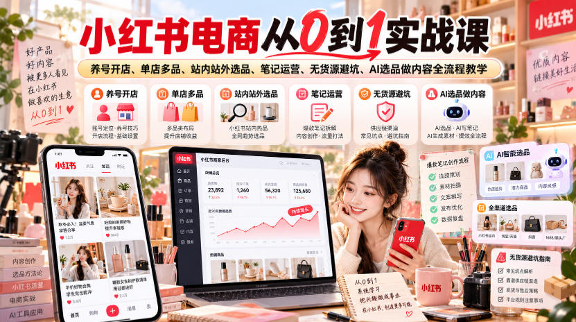 小红书电商从0到1实战课|养号开店、单店多品、站内站外选品、笔记运营、无货源避坑、AI选品做内容全流程教学-网赚副业网