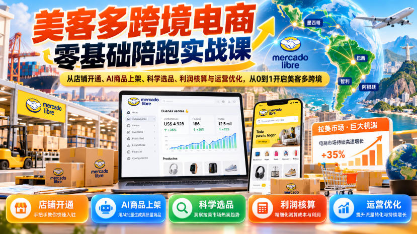 美客多跨境电商零基础陪跑实战课：从店铺开通、AI商品上架、科学选品、利润核算与运营优化，从0到1开启美客多跨境-网赚副业网