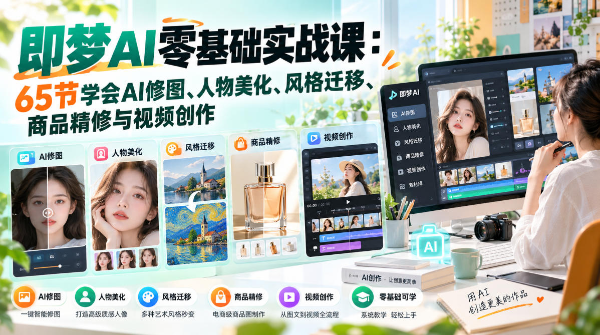 即梦AI零基础实战课:65节学会AI修图、人物美化、风格迁移、商品精修与视频创作-网赚副业网