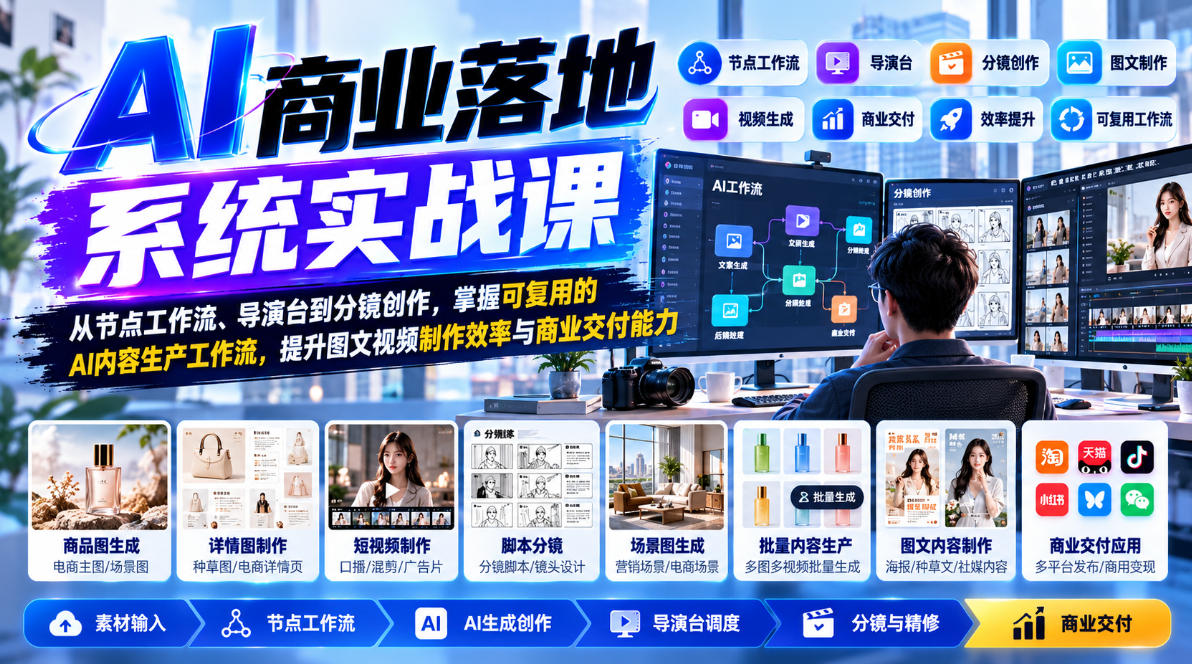 【无水印】AI商业落地系统实战课，从节点工作流、导演台到分镜创作，掌握可复用的AI内容生产工作流，提升图文视频制作效率与商业交付能力-网赚副业网