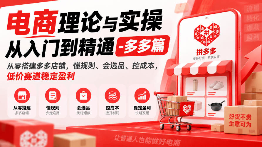 电商理论与实操从入门到精通-多多篇,从零搭建多多店铺,懂规则、会选品、控成本,低价赛道稳定盈利-网赚副业网
