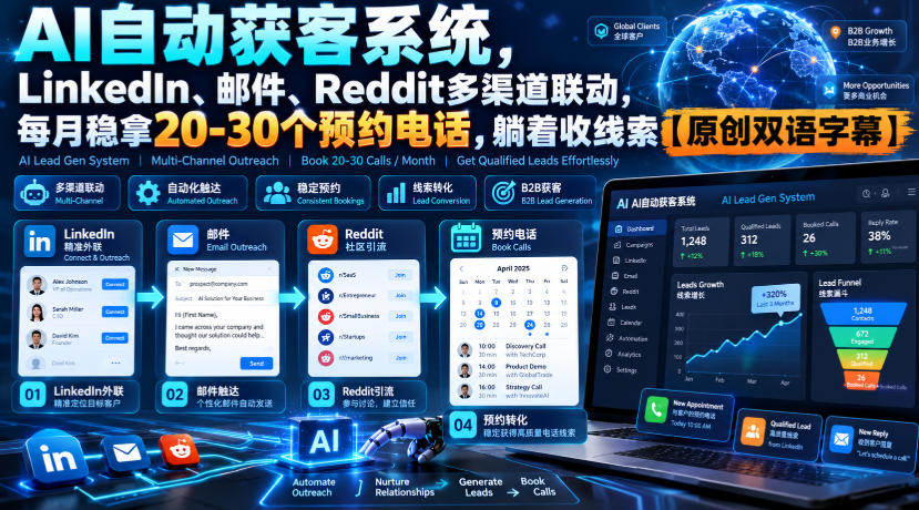 【无水印】AI自动获客系统,LinkedIn、邮件、Reddit多渠道联动,每月稳拿20-30个预约电话,躺着收线索【原创双语字幕】-网赚副业网