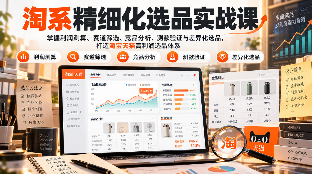 淘系精细化选品实战课：掌握利润测算、赛道筛选、竞品分析、测款验证与差异化选品，打造淘宝天猫高利润选品体系-网赚副业网