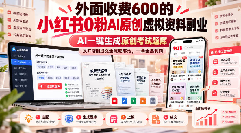 外面收费600的小红书0粉AI原创虚拟资料副业,AI一键生成原创考试题库,从开店到成交全流程落地,一单全是利润-网赚副业网