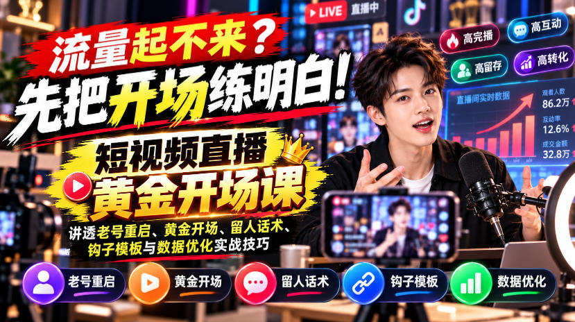 【无水印】流量起不来?先把开场练明白!短视频直播黄金开场课,讲透老号重启、黄金开场、留人话术、钩子模板与数据优化实战技巧-网赚副业网