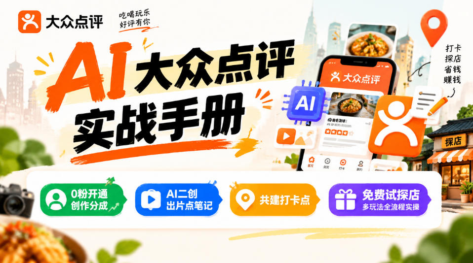 某局的AI大众点评实战手册,0粉开通创作分成、AI二创出片点笔记、共建打卡点、免费试探店多玩法全流程实操-网赚副业网