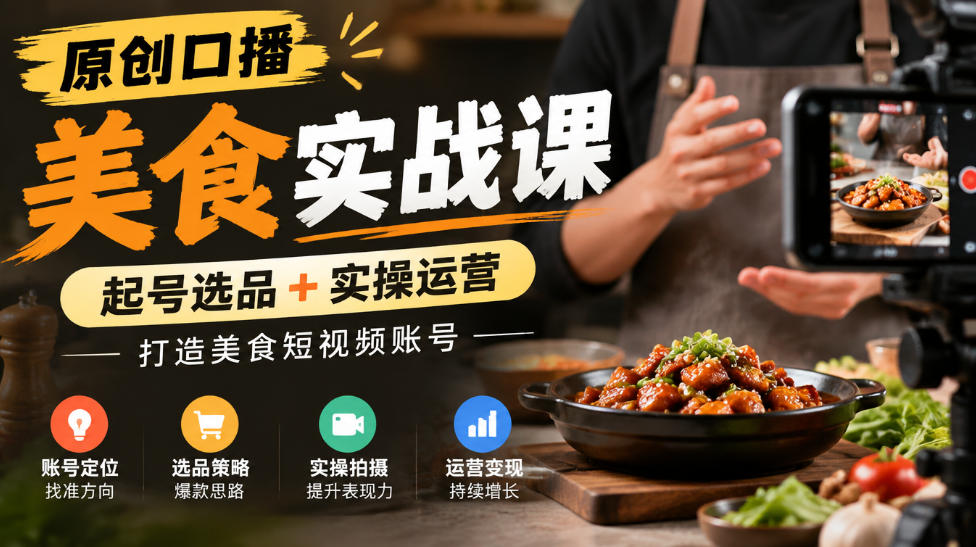 原创口播美食实战课,起号选品+实操运营,打造美食短视频账号-网赚副业网