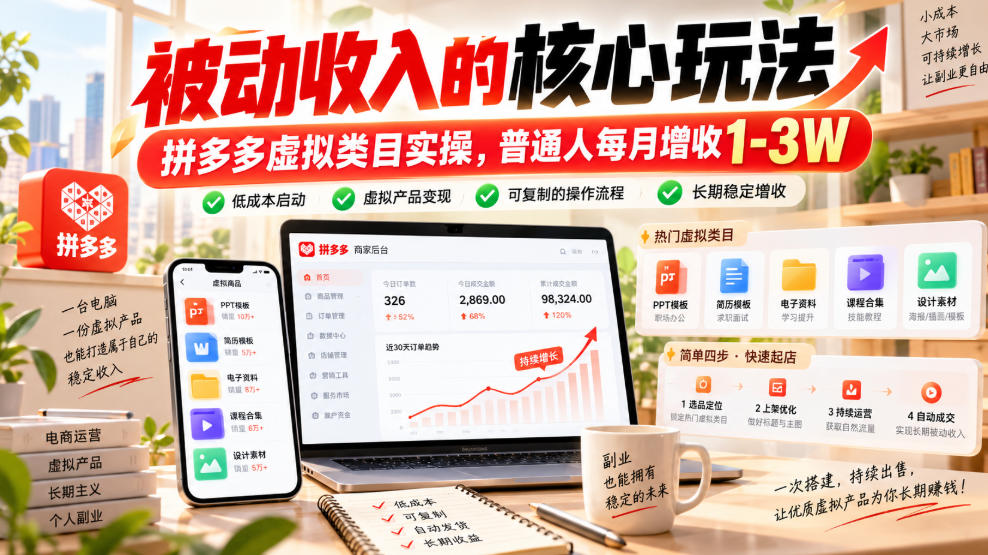 被动收入的核心玩法,拼多多虚拟类目实操,普通人每月增收1-3W【揭秘】-网赚副业网