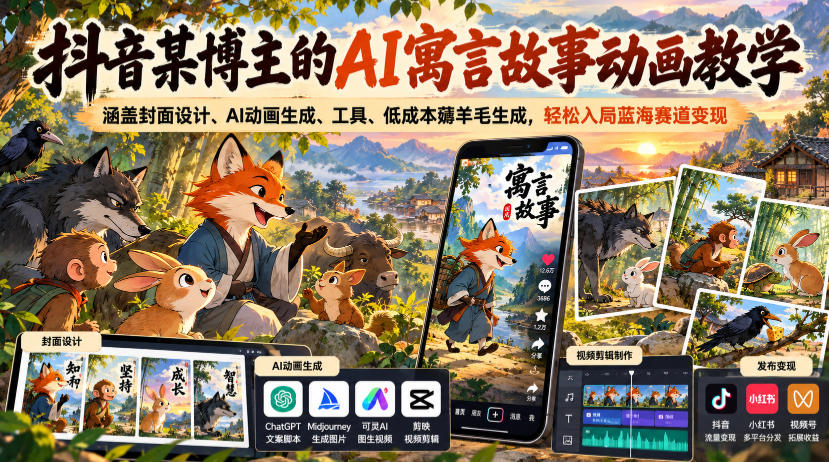 抖音某博主的AI寓言故事动画教学,涵盖封面设计、AI动画生成、工具、低成本薅羊毛生成,轻松入局蓝海赛道变现-网赚副业网