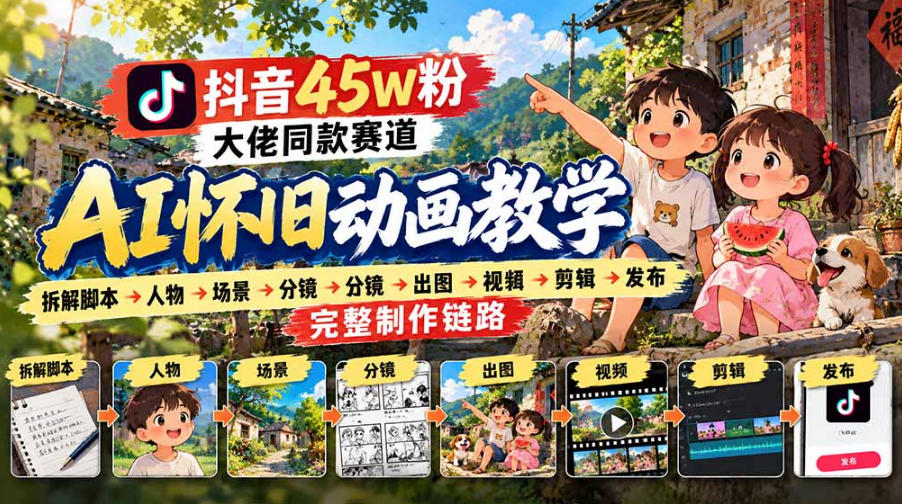 抖音45W粉大佬同款赛道AI怀旧动画实战课:拆解脚本→人物→场景→分镜→出图→视频→剪辑→发布完整制作链路-网赚副业网