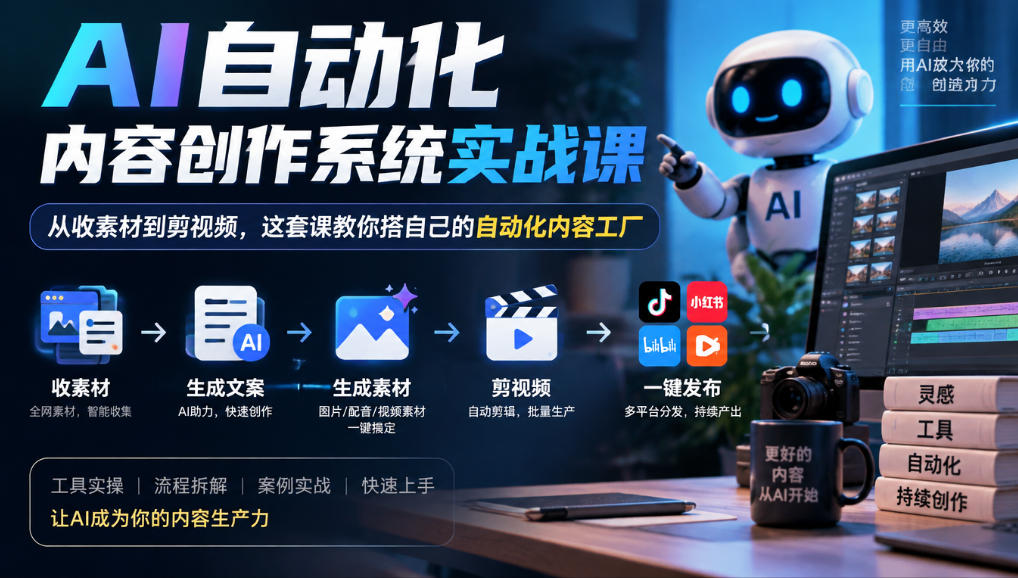 AI自动化内容创作系统实战课，从收素材到剪视频，这套课教你搭自己的自动化内容工厂-网赚副业网