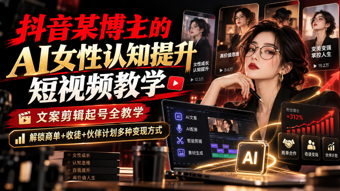 抖音某博主的Ai女性认知提升短视频教学,文案剪辑起号全教学,解锁商单+收徒+伙伴计划多种变现方式-网赚副业网