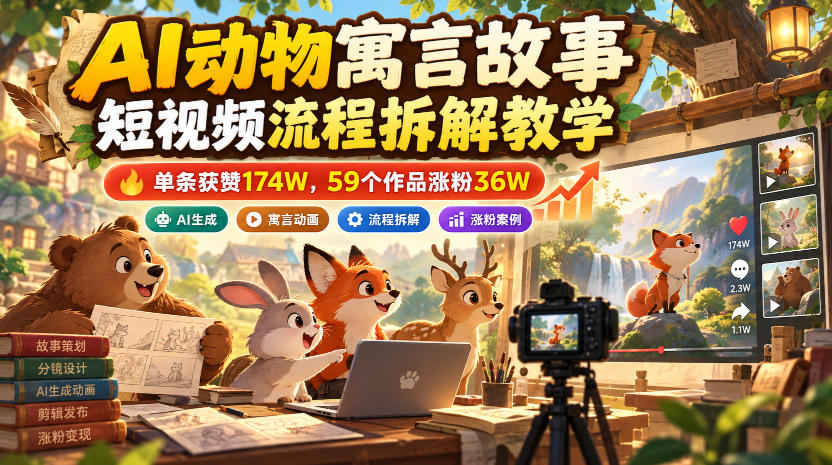 AI动物寓言故事短视频流程拆解教学,单条获赞174W,59个作品涨粉36W-网赚副业网