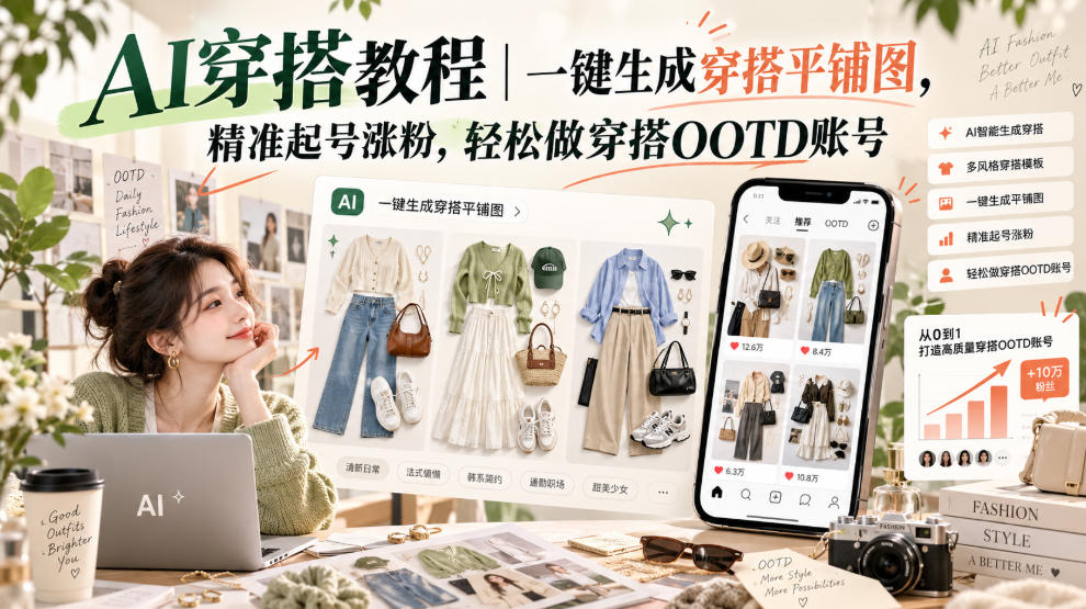 AI穿搭教程|一键生成穿搭平铺图,精准起号涨粉,轻松做穿搭OOTD账号-网赚副业网