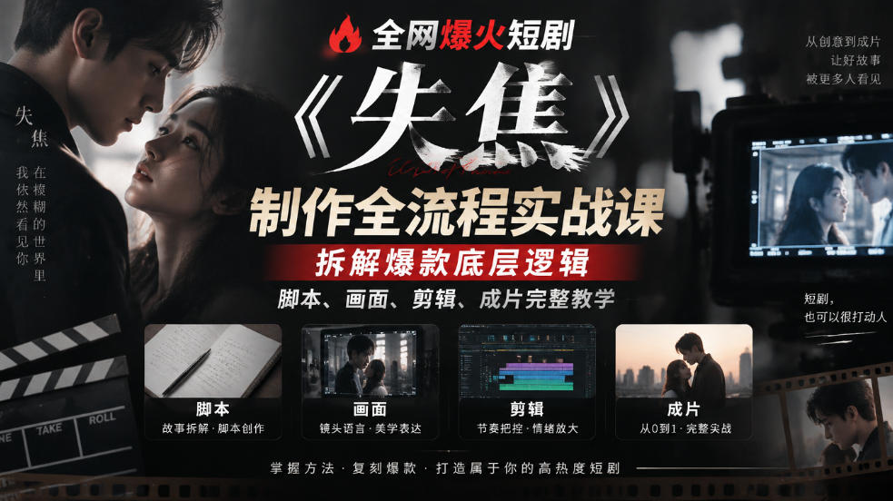 全网爆火短剧《失焦》制作全流程实战课|拆解爆款底层逻辑,脚本、画面、剪辑、成片完整教学-网赚副业网