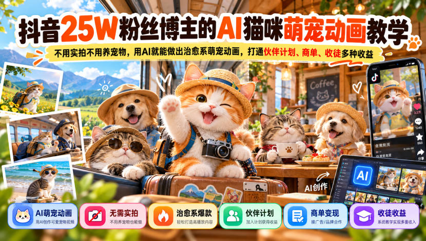 抖音25W粉丝博主的AI猫咪萌宠动画教学,不用实拍不用养宠物,用AI就能做出治愈系萌宠动画,打通伙伴计划、商单、收徒多种收益-网赚副业网