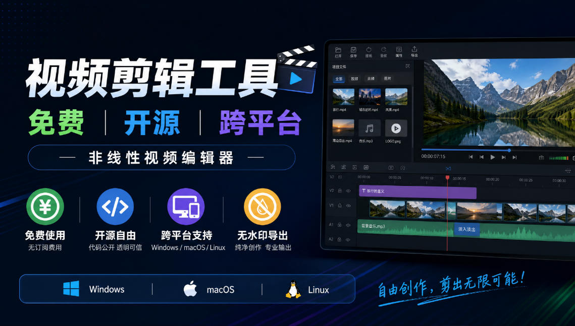 视频剪辑工具，免费、开源、跨平台，非线性视频编辑器，支持Windows、macOS、Linux，无水印、无订阅费用-网赚副业网