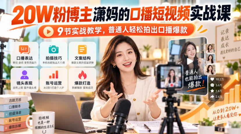 20W粉博主潇妈的口播短视频实战课，9节实战教学，普通人轻松拍出口播爆款-网赚副业网