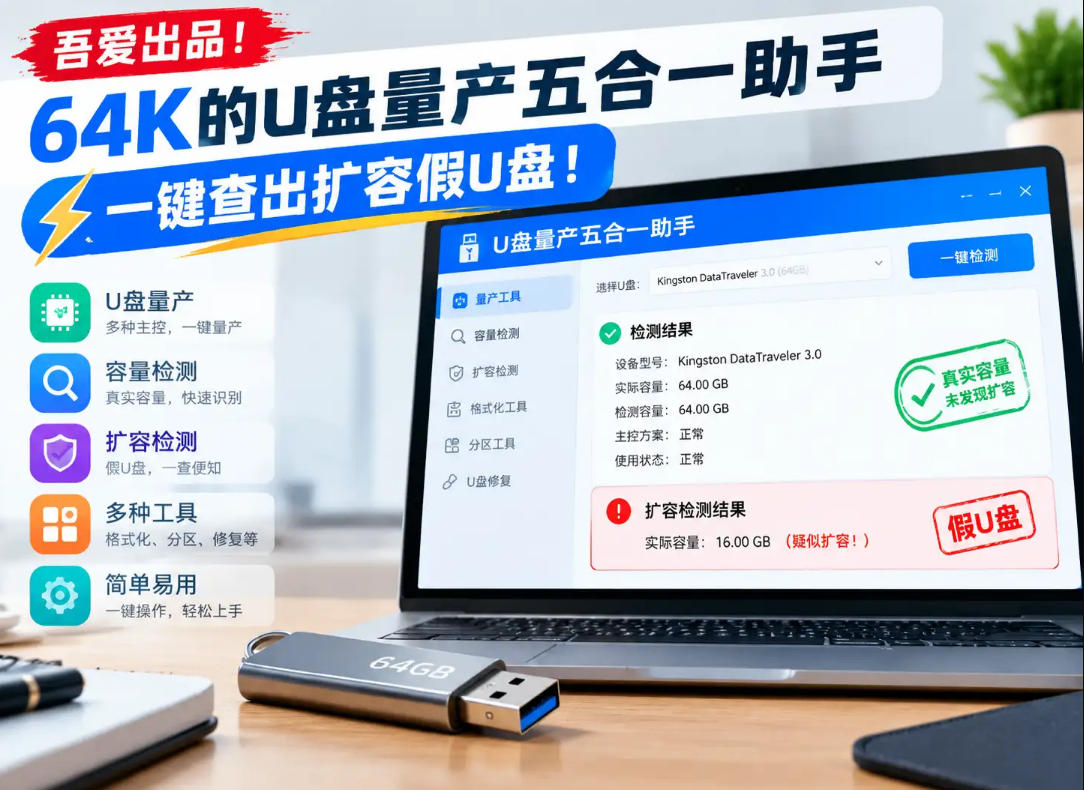 吾爱出品!64K的U盘量产五合一助手,一键查出扩容假U盘!-网赚副业网