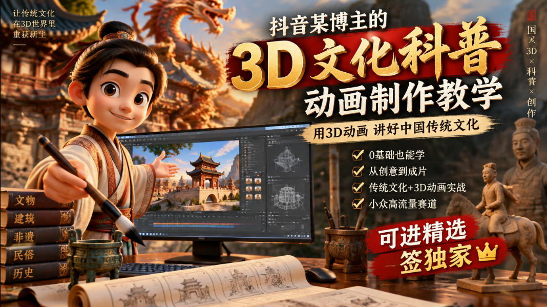 抖音某博主的3D文化科普动画制作教学,用3D动画呈现中国传统文化,可进精选签独家,单日收益1k+-网赚副业网