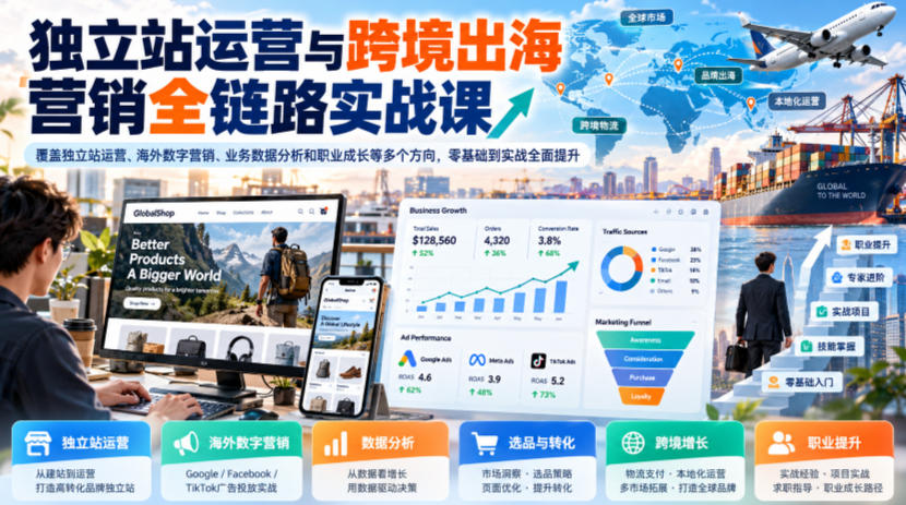 独立站运营与跨境出海营销全链路实战课，覆盖独立站运营、海外数字营销、业务数据分析和职业成长等多个方向，零基础到实战全面提升-网赚副业网