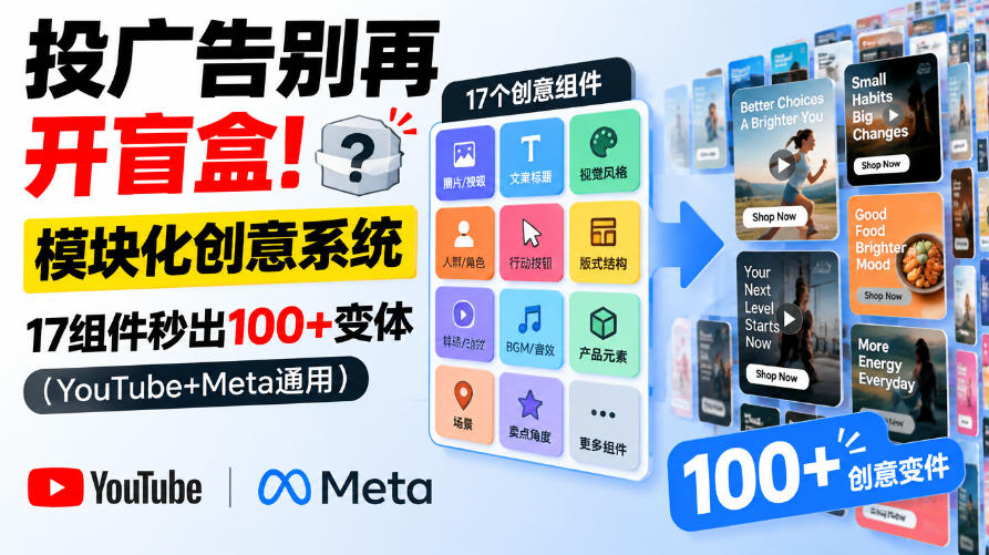 投广告别再开盲盒!模块化创意系统,17组件秒出100+变体(YouTube+Meta通用)【原创双语字幕】-网赚副业网
