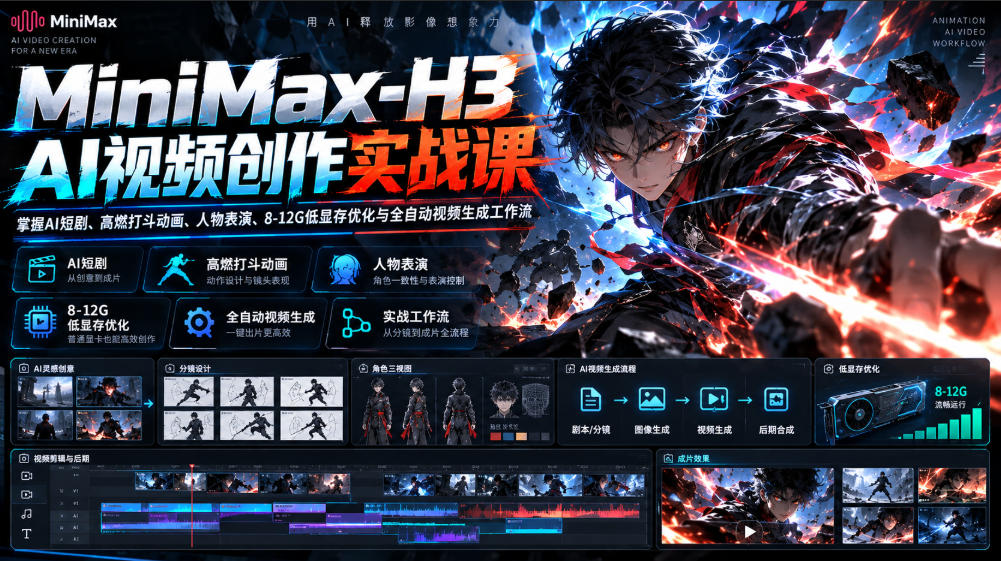 MiniMax-H3 AI视频创作实战课,掌握AI短剧、高燃打斗动画、人物表演、8-12G低显存优化与全自动视频生成工作流-网赚副业网