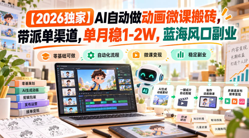 【2026独家】AI自动做动画微课搬砖，带派单渠道，单月稳1-2W，蓝海风口副业【揭秘】-网赚副业网