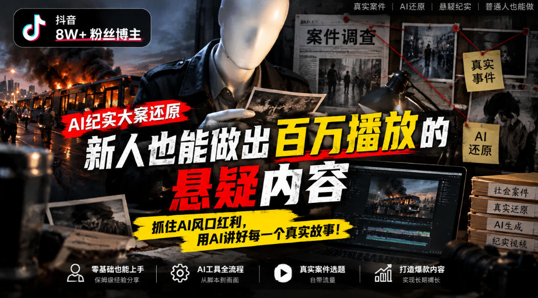 抖音8W粉丝博主的AI纪实大案还原教学,新人也能做出百W播放的悬疑内容,抓住AI风口红利,用AI讲好每一个真实故事-网赚副业网