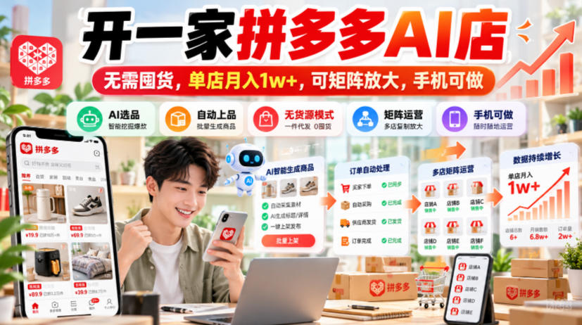 开一家拼多多AI店,无需囤货,单店月入1w+,可矩阵放大,手机可做【揭秘】-网赚副业网