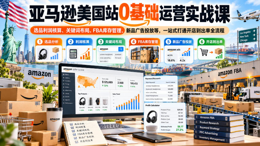 亚马逊美国站0基础运营实战课｜选品利润核算、关键词布局、FBA库存管理、新品广告投放等，一站式打通开店到出单全流程-网赚副业网
