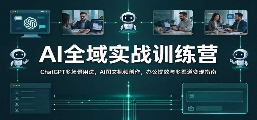 AI全域实战训练营：ChatGPT多场景用法，AI图文视频创作，办公提效与多渠道变现指南-网赚副业网