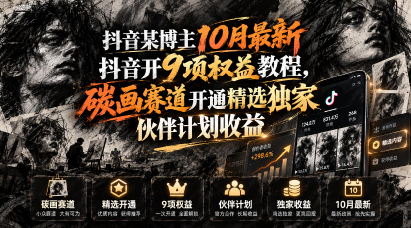 抖音某博主10月最新抖音开9项权益教程,碳画赛道开通精选独家伙伴计划收益,有需要自测-网赚副业网
