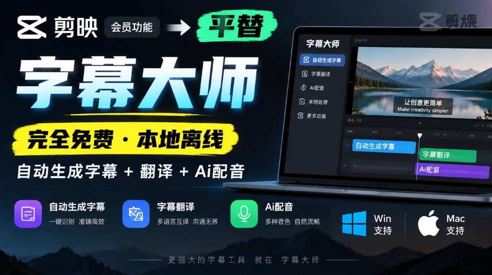 剪映会员功能平替，字幕大师完全免费本地离线，支持自动生成字幕+翻译+Ai配音，Win和Mac都支持！-网赚副业网