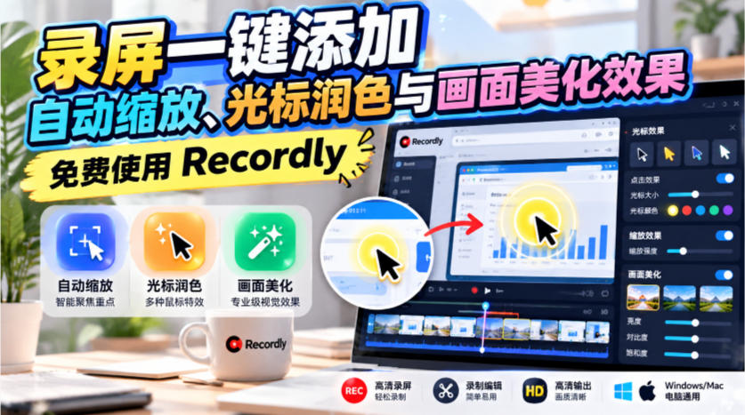 录屏一键添加自动缩放、光标润色与画面美化效果,免费使用Recordly-网赚副业网