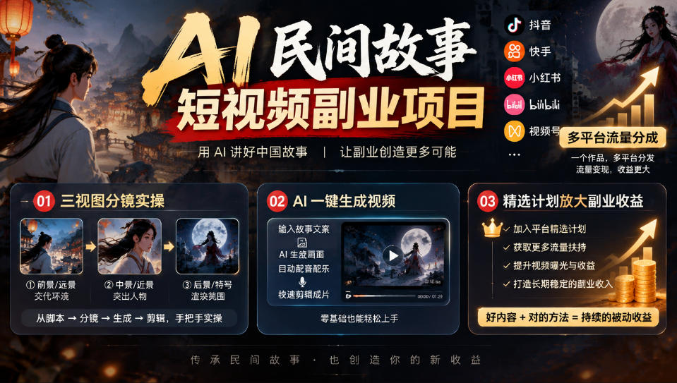 AI民间故事短视频副业项目,多平台流量分成,三视图分镜实操,精选计划放大副业收益-网赚副业网