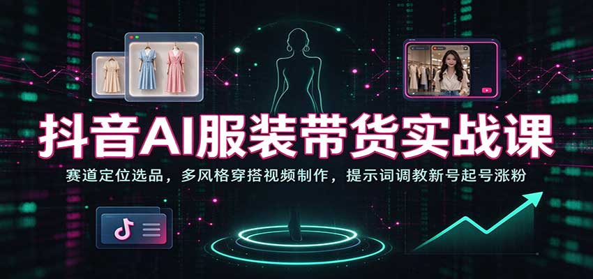 抖音AI服装带货实战课:赛道定位选品,多风格穿搭视频制作,提示词调教新号起号涨粉-网赚副业网
