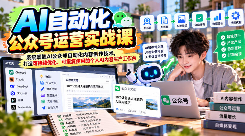 AI自动化公众号运营实战课,系统掌握AI公众号自动化内容创作技术,打造可持续优化、可重复使用的个人AI内容生产工作台-网赚副业网