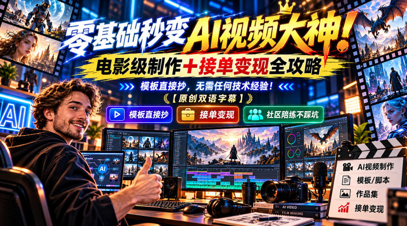 零基础秒变AI视频大神!电影级制作+接单变现全攻略,模板直接抄,无需任何技术经验!【原创双语字幕】-网赚副业网