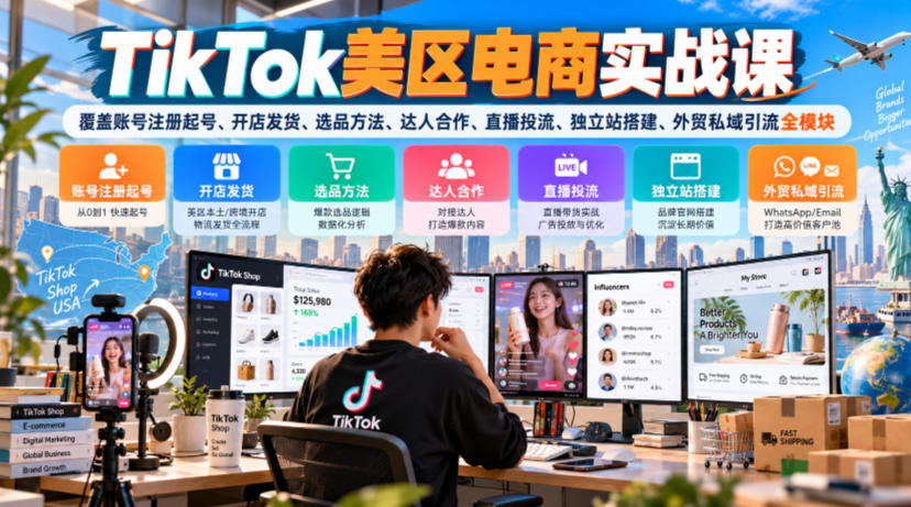 TikTok美区电商实战课,覆盖账号注册起号、开店发货、选品方法、达人合作、直播投流、独立站搭建、外贸私域引流全模块-网赚副业网