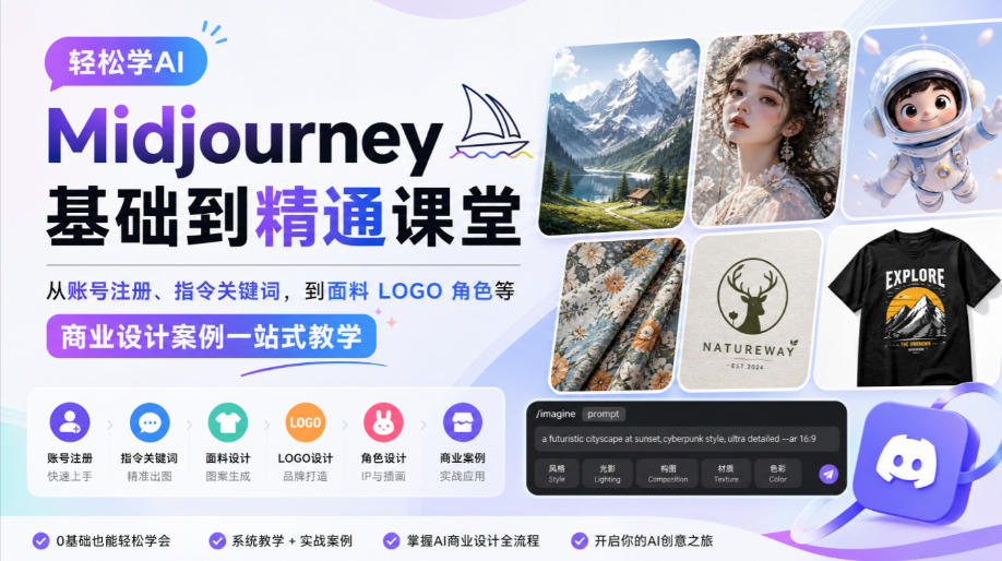 轻松学AI Midjourney基础到精通课堂,从账号注册、指令关键词,到面料LOGO角色等商业设计案例一站式教学-网赚副业网