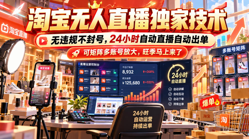 淘宝无人直播独家技术,无违规不封号,24小时自动直播自动出单,可矩阵多账号放大,旺季马上来了【揭秘】-网赚副业网