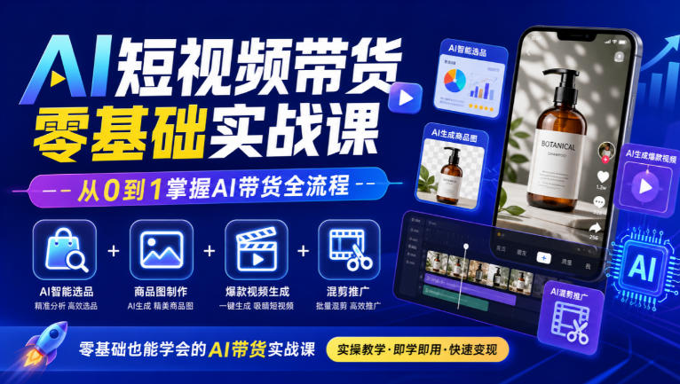 AI短视频带货零基础实战课|AI智能选品+商品图制作+爆款视频生成+混剪推广,从0到1掌握AI带货全流程-网赚副业网