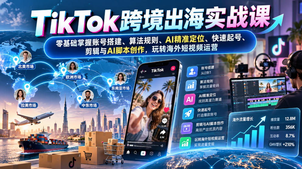 TikTok跨境出海实战课：零基础掌握账号搭建、算法规则、AI精准定位、快速起号、剪辑与AI脚本创作，玩转海外短视频运营-网赚副业网