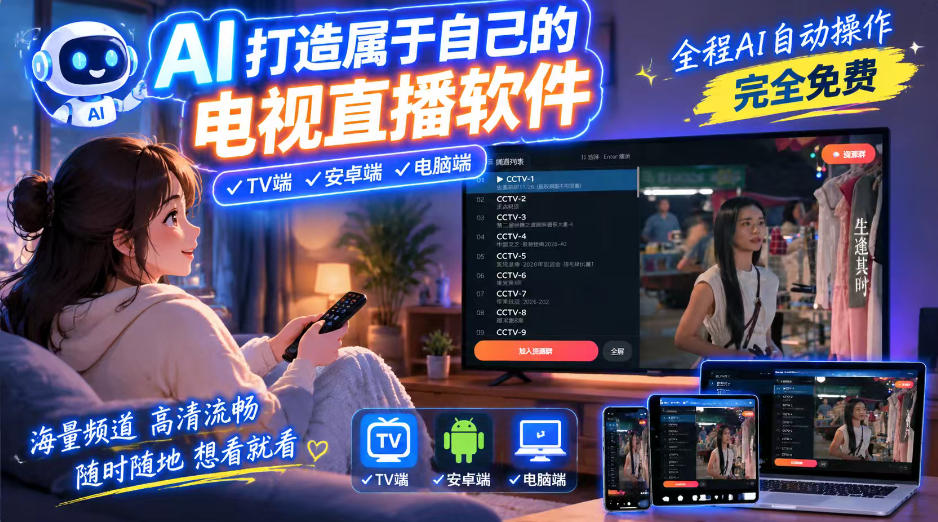 一个提示词，AI全自动做出电视直播软件，电脑、安卓、电视三端通用，完全免费，画质流畅不卡顿-网赚副业网