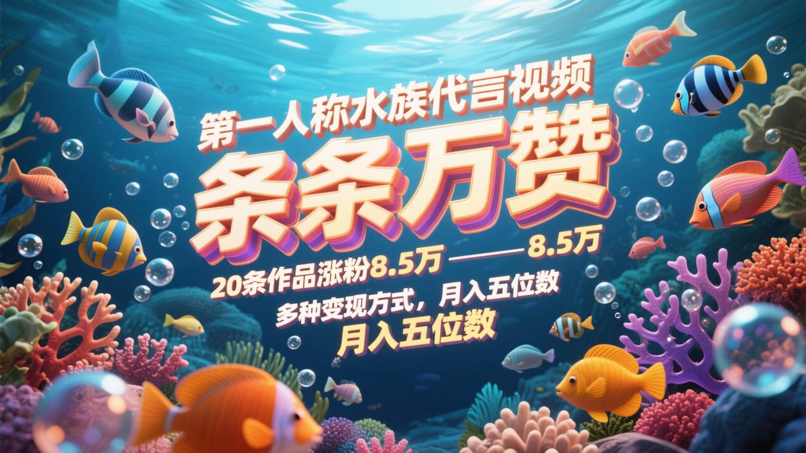 第一人称水族代言视频,条条万赞,20条作品涨粉8.5万,多种变现方式月,入五位数-网赚副业网