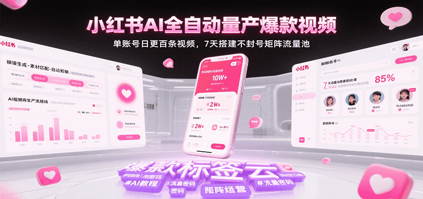 小红书AI全自动量产爆款视频,单账号日更百条视频,7天搭建不封号矩阵流量池-网赚副业网