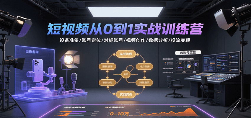 短视频从0到1实战训练营:设备准备/账号定位/对标账号/视频创作/数据分析/投流变现-网赚副业网