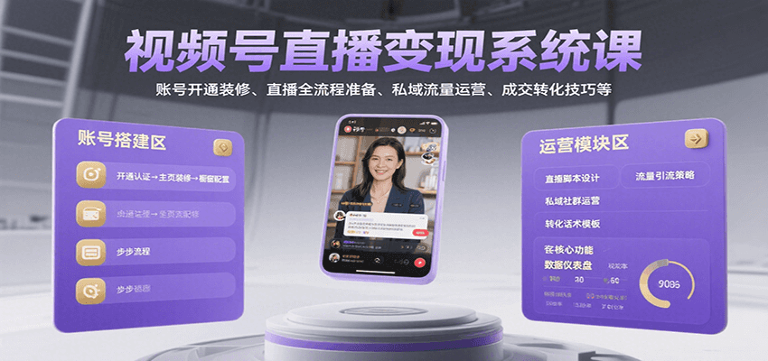 视频号直播变现系统课，账号开通装修、直播全流程准备、私域流量运营、成交转化技巧等-网赚副业网